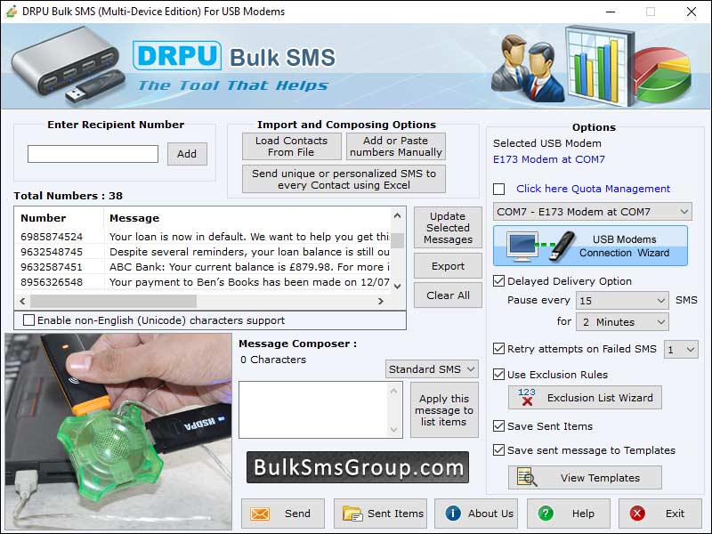 Text messages delivering program, send bulk text SMS, mobile messages sending utility, forward mass textual notification, USB modem SMS broadcasting software, deliver online text messages, pc to mobile messages delivering tool