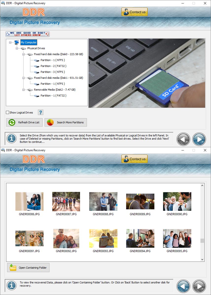 Digital, photographs, recovery, software, salvage, corrupted, file, format, JPG, JPEG, GIF, pictures, rescue, utility, retrieve, deleted, image, USB, sD, xD, card, pen drive, memory, stick, removable, media, storage, hard, disk, Windows, XP, Vista