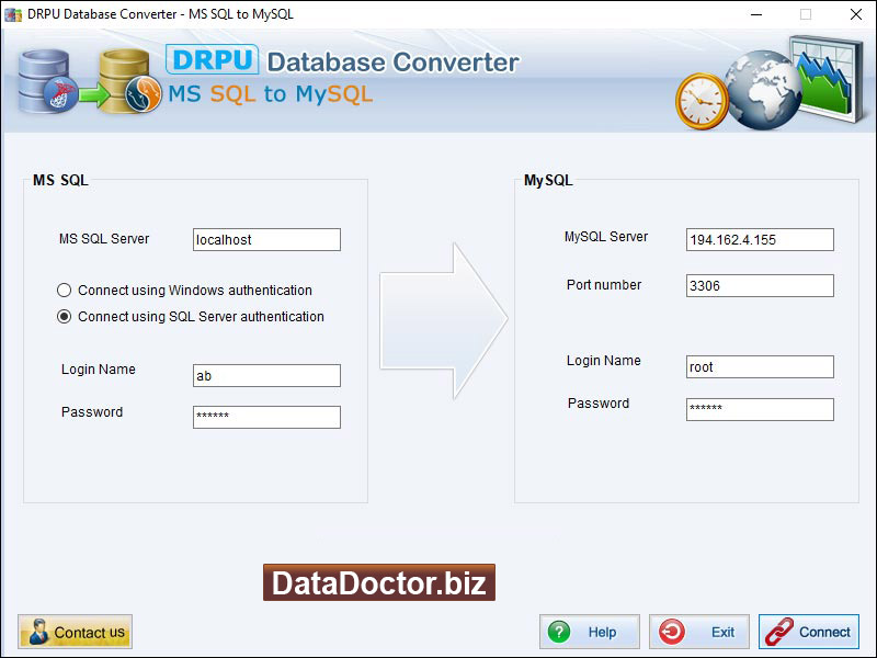 Microsoft, SQL, server, MySQL, server, database, converter, software, convert, tables, rows, columns, source, attributes, indexes, keys, conversion, tool, migrates, records, files, data, password, protected, windows authentication