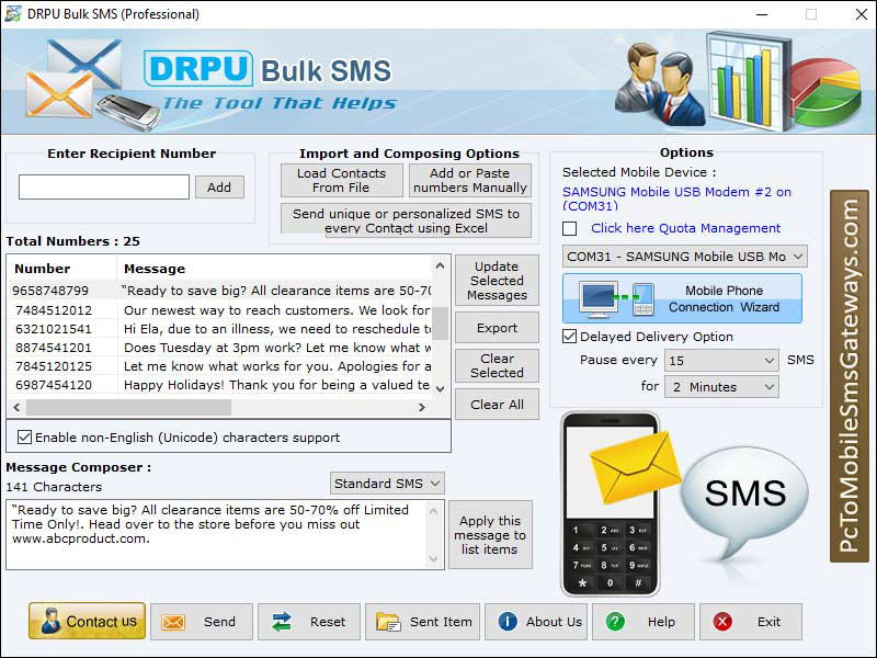 Bulk SMS sending application, mobile text messaging software, PC to mobile SMS program, advance SMS messaging utility, broadcast notification SMS from PC, group message sending software, mobile messaging market utility