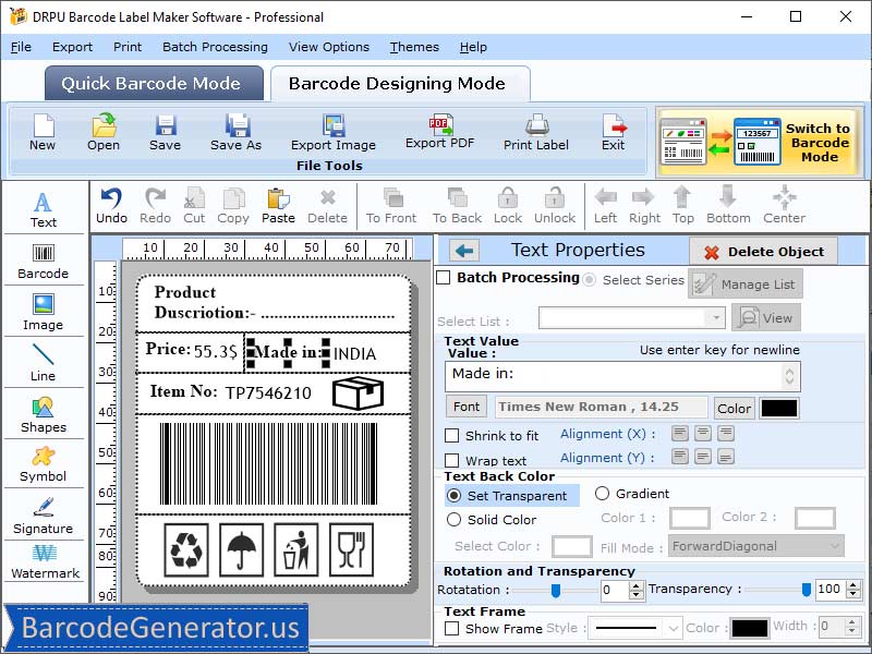 Professional, barcode, label, maker, software, generates, creates, designs, customizes, bulk, stickers, tags, business, ribbons, coupons, copy, paste, rolls, random, sequential, constant, line, picture, text, tools, 2D, linear, fonts