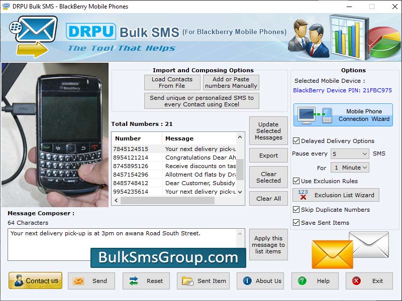 Bulk SMS software, bulk text messages forwarding utility, group SMS sending software, mobile messaging software, bulk SMS sending application, mass text SMS tool, sends group text SMS, blackberry mass text messages utility