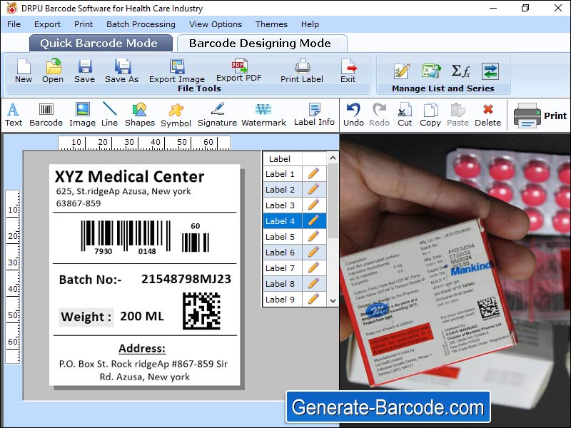 Healthcare, Industry, barcode, label, maker, utility, design, print, scan, bulk, customized, sticker, software, generate, image, ticket, color, style, caption, font, graphical, object, application, create, build, standard, tag, medical, organization