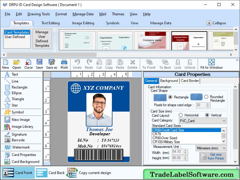 Professional, software, create, sticker, coupons, business, label, visiting, card, customized, tags, designing, objects, line, ellipse, pencil, rectangle, text, barcode, picture, color, envelops, employee, student, ID, badges, font, standard