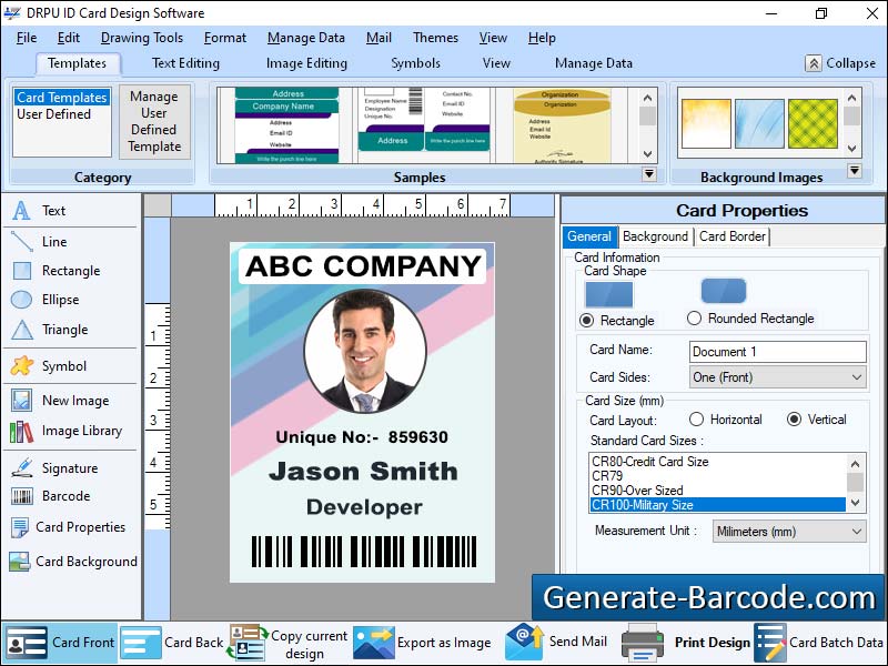 Identity, Card, Design, utility, create, students, employee, security, visitor, labeling, cards, printing, text, message, templates, ellipse, rectangular, rounded, shape, styles, size, sticker, logos, graphics, triangle, color, image, page, setting
