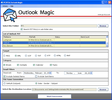 Convert Outlook PST to vCard File
