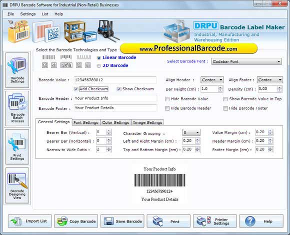Manufacturing, warehousing, industry, business, barcode, 2D, linear, font, label, image, object, generator, design, maker, utility, tool, shape, product, document, record, labeling, resolution, eye-catching, printable, scanable, application, software