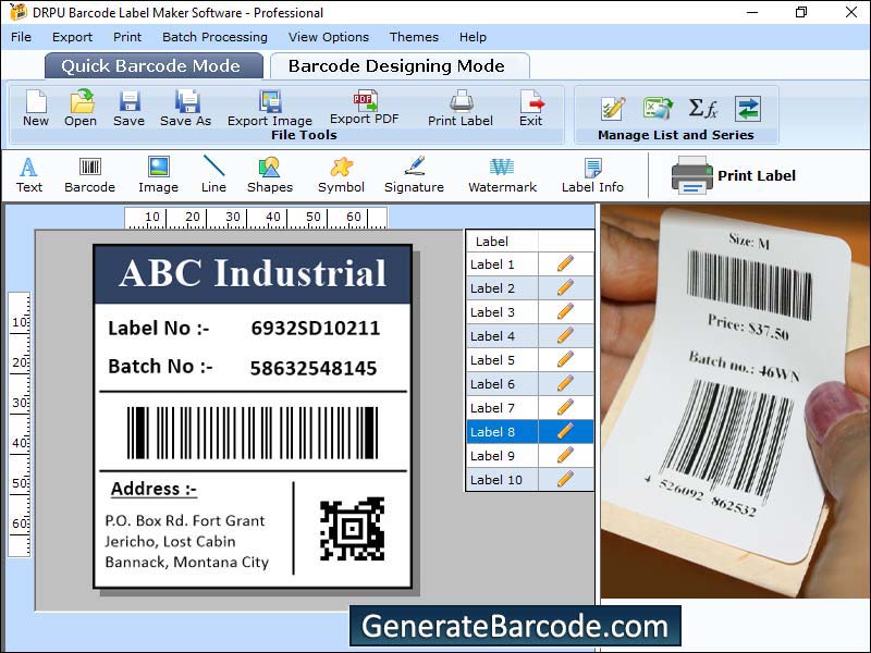 Almacén, industria, 2D, código de barras, la aplicación, crear, activo atractivo,, etiquetas, cupones, los hologramas, las insignias, los programas, de manera eficiente, desarrollar, imprimir etiqueta de colores, imágenes, líneas, lápices, elipse