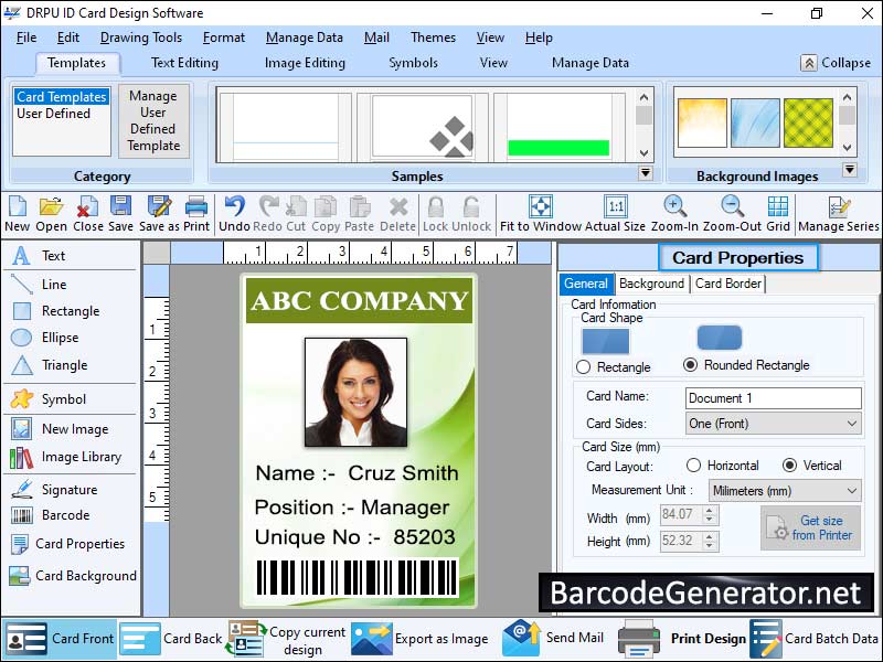 Design, create, print, produce, generate, employee, ID, card, student, staff, security, visitors, software, program, application, tool, utility, professional business, shape, format, ellipse, rectangle, circle, pictures, text, photo, logo, barcode