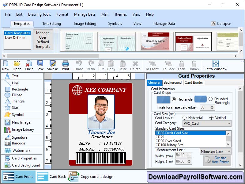 ID, card, creator, tool, generate, colorful, multiple, employee, faculty, student, identification, cards, advance, designing, objects, line, pencil, color, ellipse, rectangle, option, add, photo, print, preview, feature, software, support, Windows
