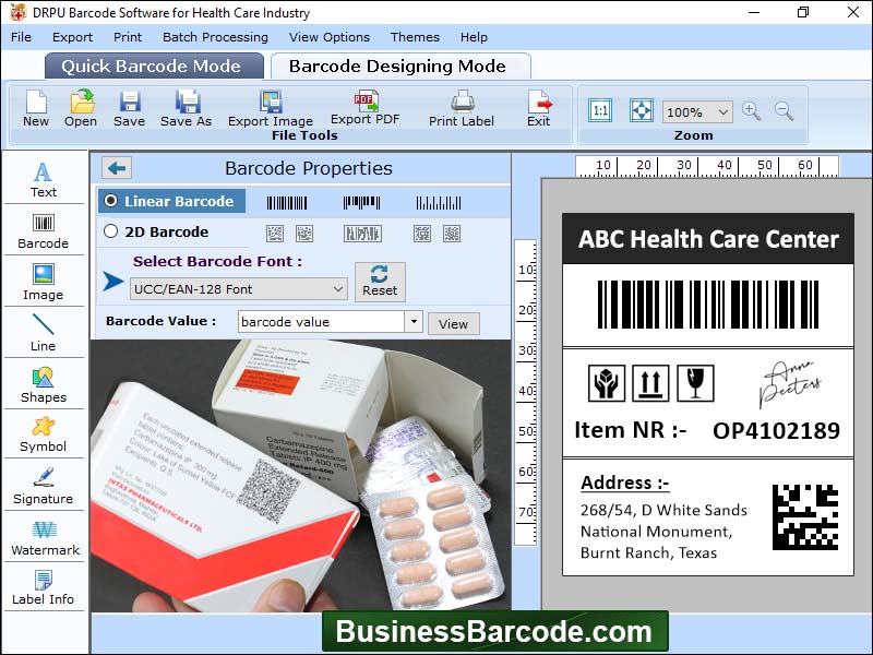 Health, care, barcode, label, design, application, create, multiple, tag, asset, ribbon, medical, pharmaceutical, business, industry, hospital, sticker, maker, software, print, hologram, roll, 2D, linear, font, design object, text, line, picture
