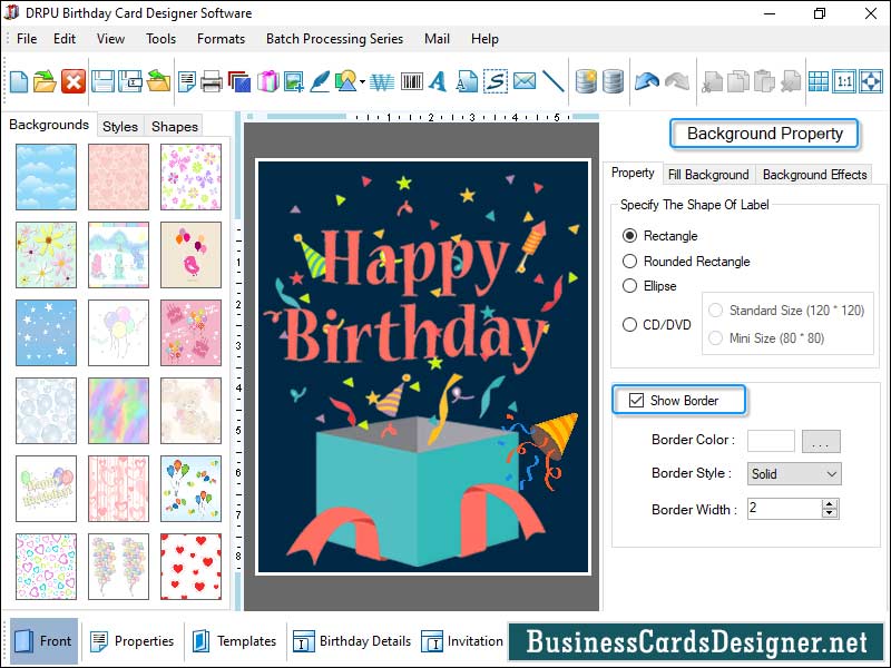 Birthday, card, designing, tool, create, design, generate, new, style, image, picture, tool, arc, line, rectangle, star, pencil, shape, message, template, fold, color, gradient, solid, background, wishes, friend, family, print