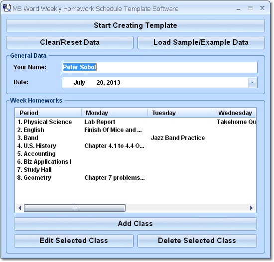 MS Word Weekly Homework Schedule Template Software