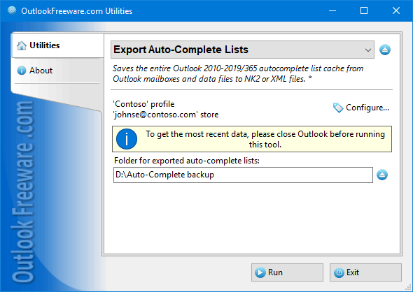 free,freeware,outlook,add-in,add-on,autocomplete,export,backup