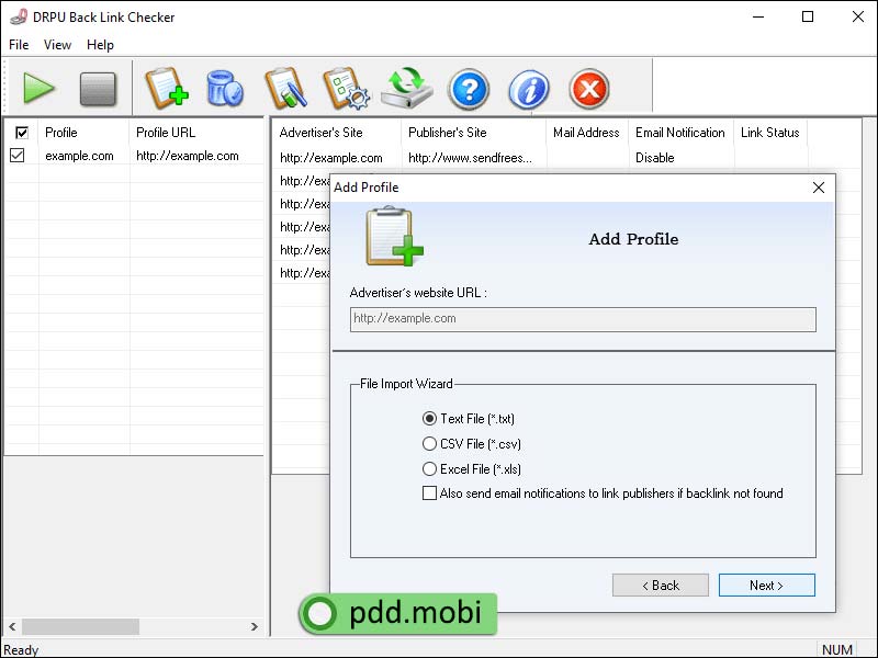 Backlinks, monitor, application, analyze, direct, JavaScript, software, sends, text, file, format, check, reciprocal, link, application, improve, page rank, status, inbound, http, https, websites, internet, program, html, txt, CSV, report, web, pages