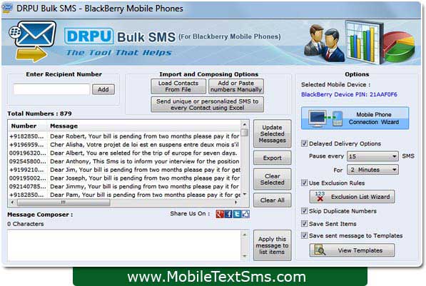 Deliver mass text sms, mobile sms utility, broadcast event reminders sms, global messaging software, international messaging software, text messaging program, send  bulk text messages, send limitless notification, mobile messaging tool