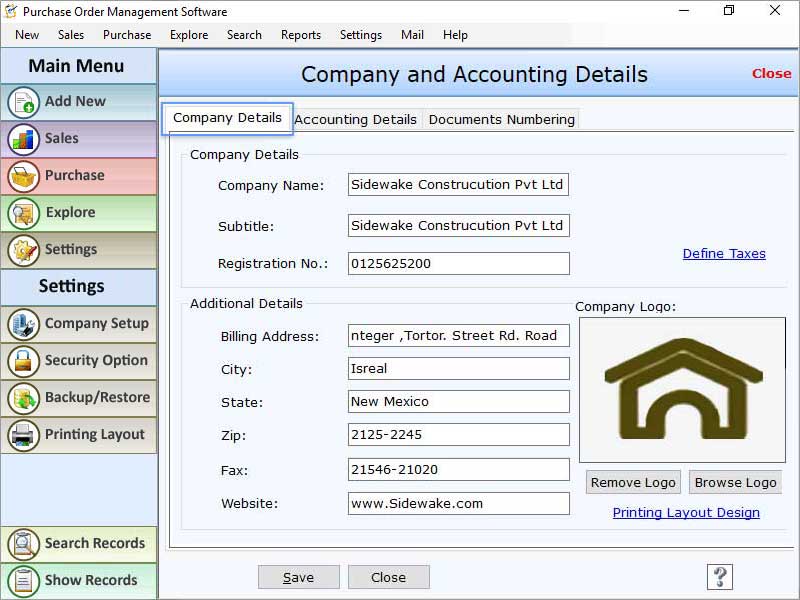 Business accounting utility, manage product sales report, manage company purchase records, purchase order management software, business management program, print business details report, sales-purchase bills printing tool