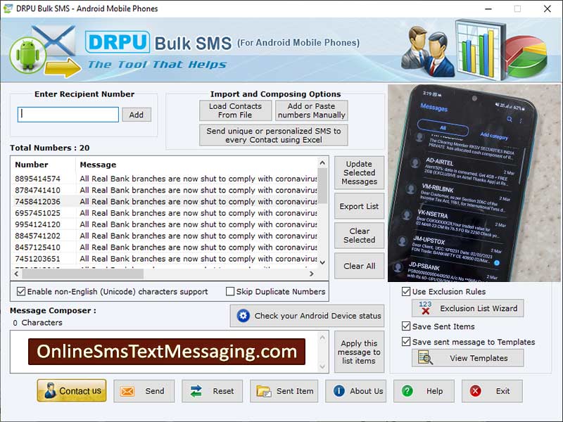 Compose text messages, transmit number of SMS, android phones messaging application, broadcast multiple messages, text messaging software for android, send many messages to phones, android mobile text messaging, send bulk SMS to many contacts