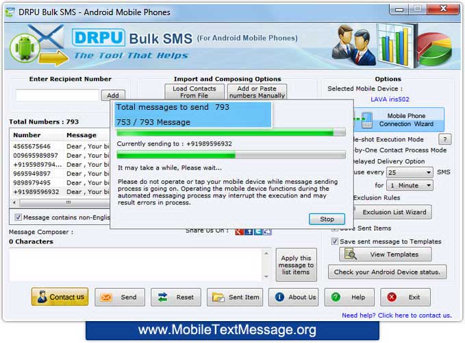 Mobile text messaging application, bulk text message sending utility, android mobile messaging program, message sending tool for android, group message forwarding program, broadcast unlimited SMS from computer