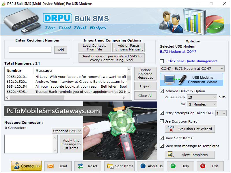 SMS broadcasting tool for multi usb, sends product updates to clients, composes sms from pc via usb, forward business details to employees, USB bulk sms sending software, modem text messaging utility, pc to mobile phone sms software