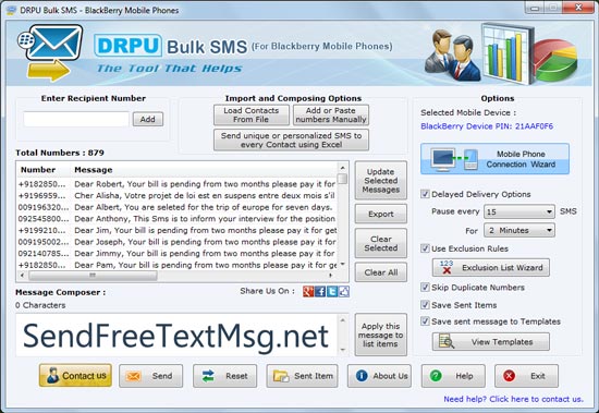 Bulk text messaging program, bulk text SMS software, mass text messages application, group text messages forwarding utility, bulk SMS utility for blackberry mobile, alert notification sending software, sends mass text messages
