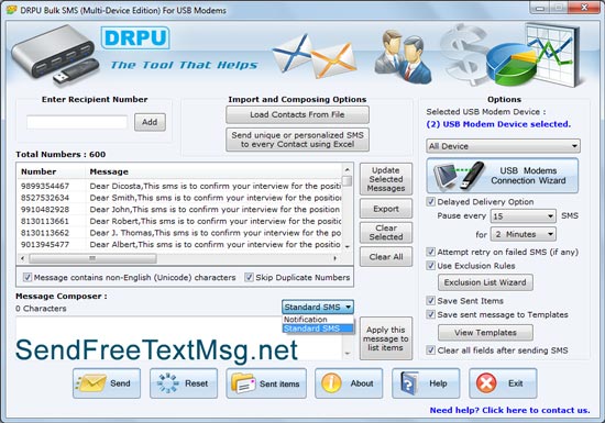USB modem text messaging program, transfer bulk text messages, modem bulk text sms delivering application, group text message sending program, sms delivering tool, mobile phone message broadcasting program, send bulk text sms