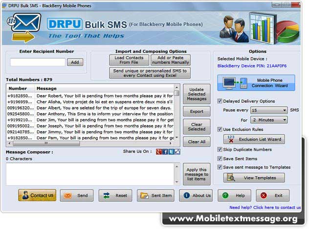 Blackberry mobile SMS messaging utility, circulate product advertisement text, blackberry alerts dispatching software, dispatch bulk warm greetings, deliver massive personalized texts, forward group standard messages, transfer bulk job notifications