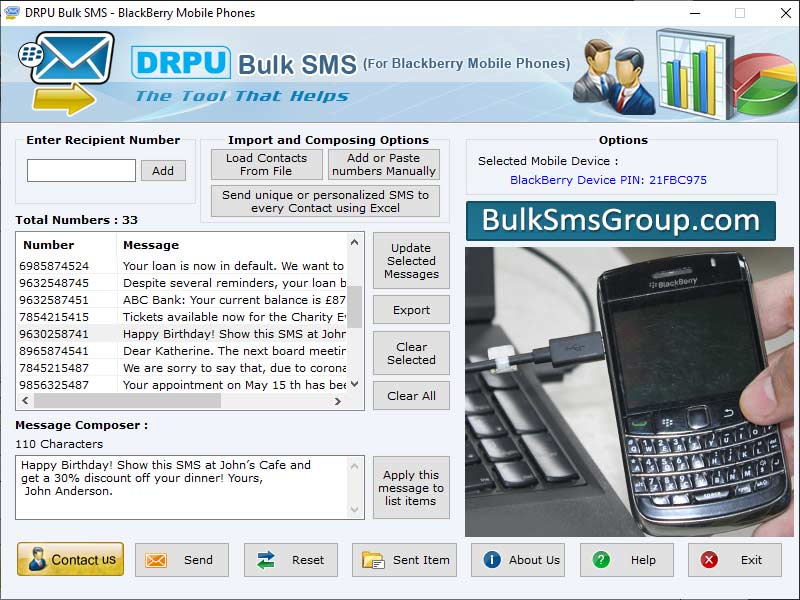Bulk, SMS, BlackBerry, application, tool, program, compose, send, forward, limitless, message, company, organization, industries, event, job, alerts, product, details, news, reminders, wishes, information, notification, deliver, computer, cell, phone