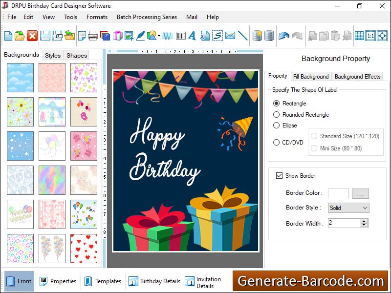 Birthday, Cards, Design, application, create, card, templates, text, messages, pictures, graphics, star, logos, line, pencil, triangle, ellipse, rounded, rectangle, arc, solid, color, gradient, image, shape, style, size, setting, printable, formats