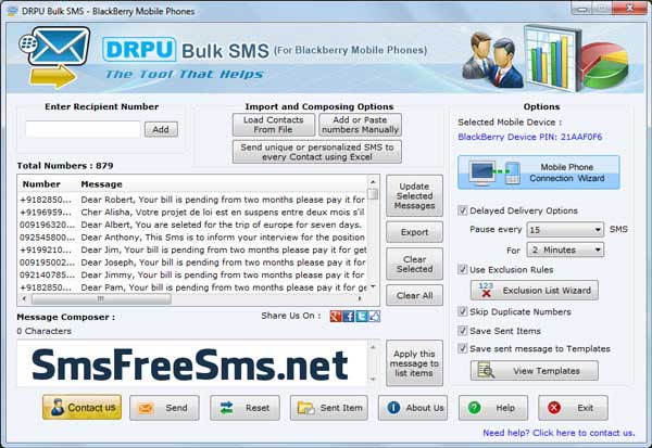 SMS message transferring software, message broadcasting application, deliver promotional text sms, Blackberry mobile sms sending tool, PC to phone sms delivering utility, message forwarding program, Blackberry text sms forwarding tool