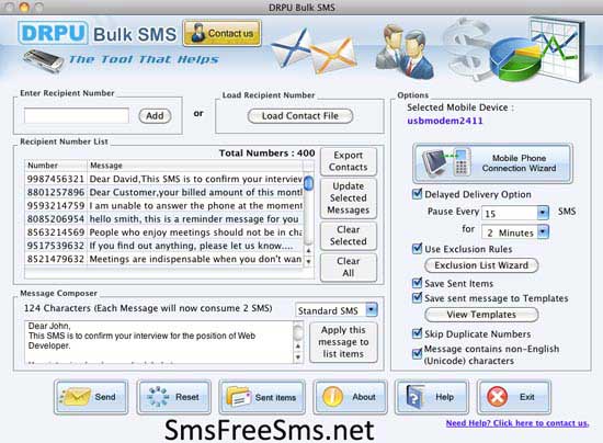 Mobile mass text messaging tool, Mac bulk SMS program, program to send mass messages, SMS messaging program, group SMS program, transfer bulk SMS, broadcasts text messages, GSM mobile messaging tool, deliver messages