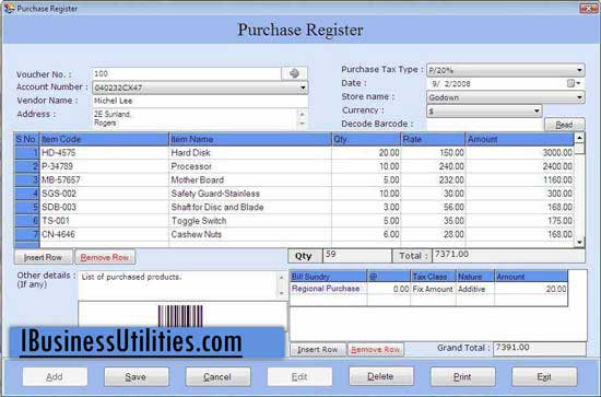 Business, utilities, records, financial, accounting, transactions, generate, billing, inventory, information, balance, sheet, ledger, sales, purchase, order, profit, income, reports, customized, barcodes, maintains, employees, customer, databases