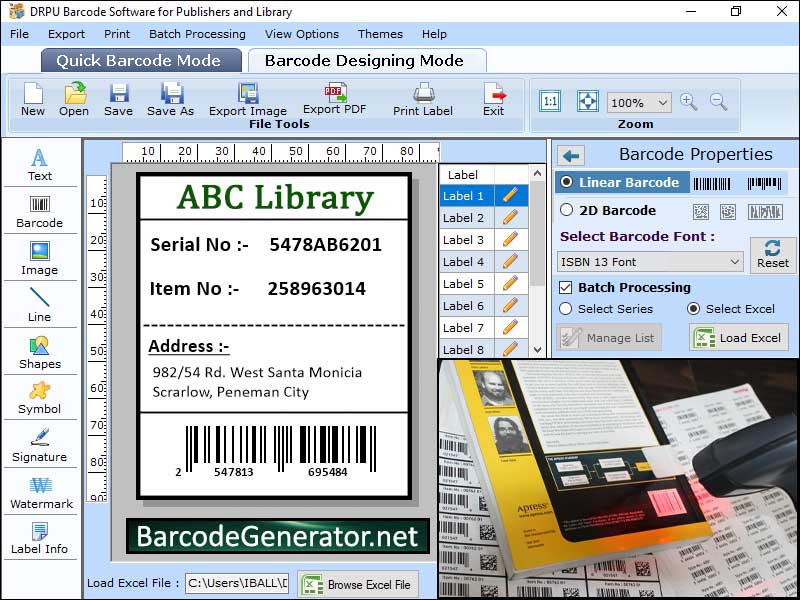Barcode, publisher, label, generator, maker, application, create, design, inventory, book, magazine, tags, images, price, retail, images, asset, linear, 2d, custom, business, standard, utility, print, shapes, sizes, fonts, logo, graphic, series