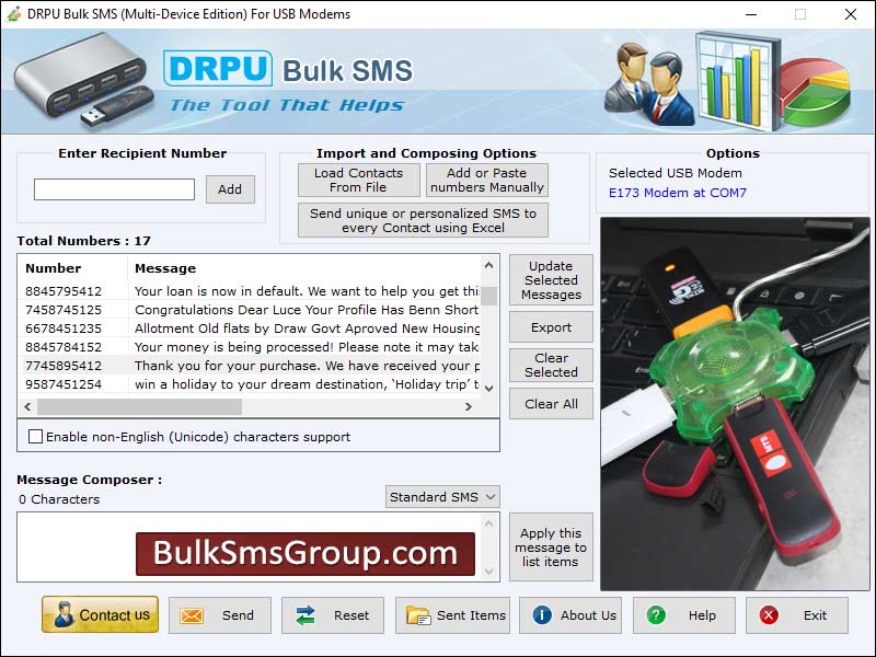 Bulk, message, Send, utility, software, cell, phone, unlimited, multiple, text, USB, modem, messages, mobile, contact, sms, number, create, Unicode, character, compose, broadcasts, global, network, service, system, Windows, records, sent, data, PC