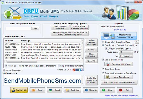Mobile SMS messaging program, advance bulk SMS sending utility, android mobile phone SMS tool, text messaging application, android group message forwarding tool, text SMS sending software, PC to mobile messaging software