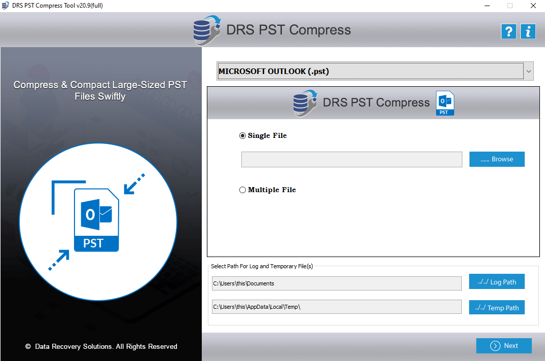pst compress tool, pst compact tool, drs pst compress, outlook pst compress tool, compact pst file, reduce pst file size