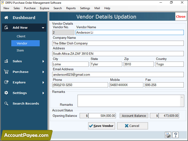 Purchase order management software, record item transaction reports, PO tracking software, record item details, manage accounting records, create printable reports, create vendor records, record item transaction reports