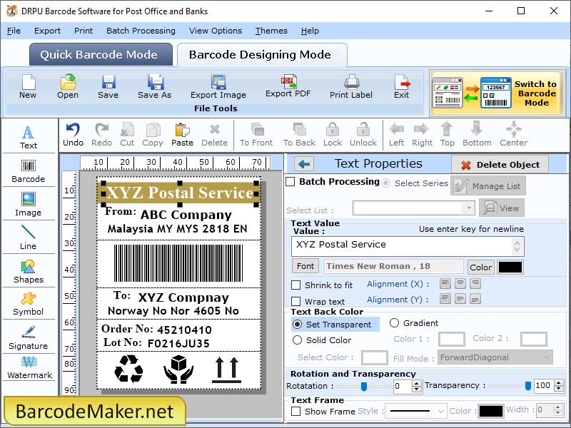 Barcode maker post office program, barcode labeling application, generates 2D barcode fonts, develop bulk barcode labels, barcode label image creator tool, generate business label coupons, image creator program
