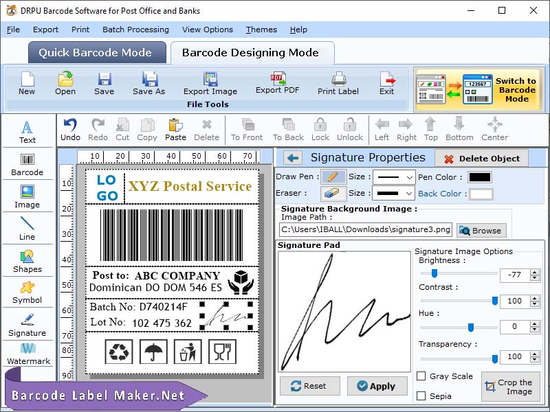 Post office bar coding program, bank barcode label maker utility, mailing bar code program, postal barcode generating software, envelop barcode label maker program, post office barcode tracker application, generates postal barcode stickers
