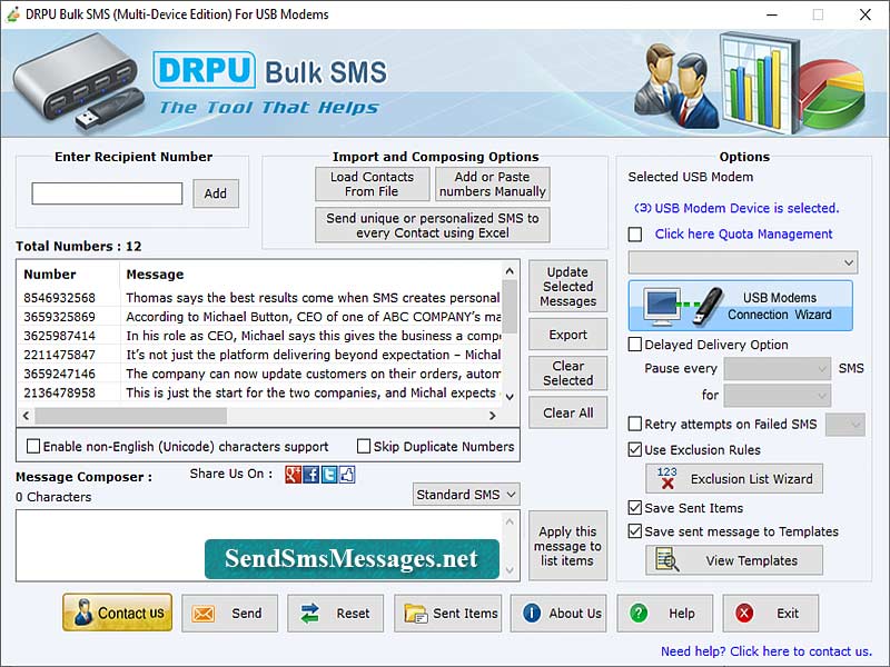 Send, SMS, GSM, modem, program, transmits, mass, text, messages, tool, saves, contact, number, wizard, list, option, application, broadcasts, multiple, greetings, conveys, bulk, jobs, alerts, price, reminders, connect, laptop, mobile, phone, network