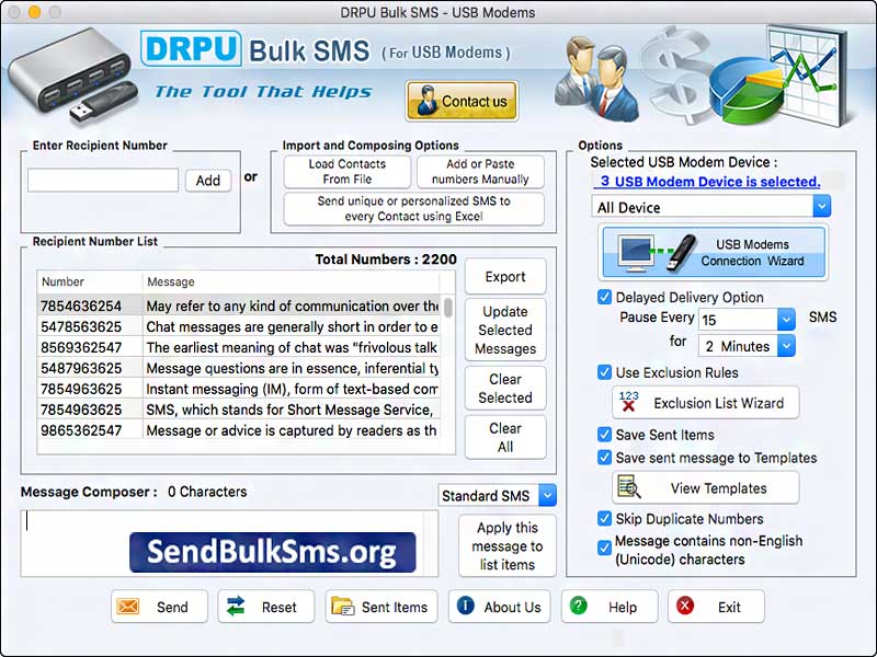 Group SMS broadcasting program, transmit unlimited SMS from PC, bulk messaging tool for Macintosh, SMS sending utility for MAC, advance mobile messaging software, Macintosh SMS sending utility, text messaging program, USB modem bulk SMS software