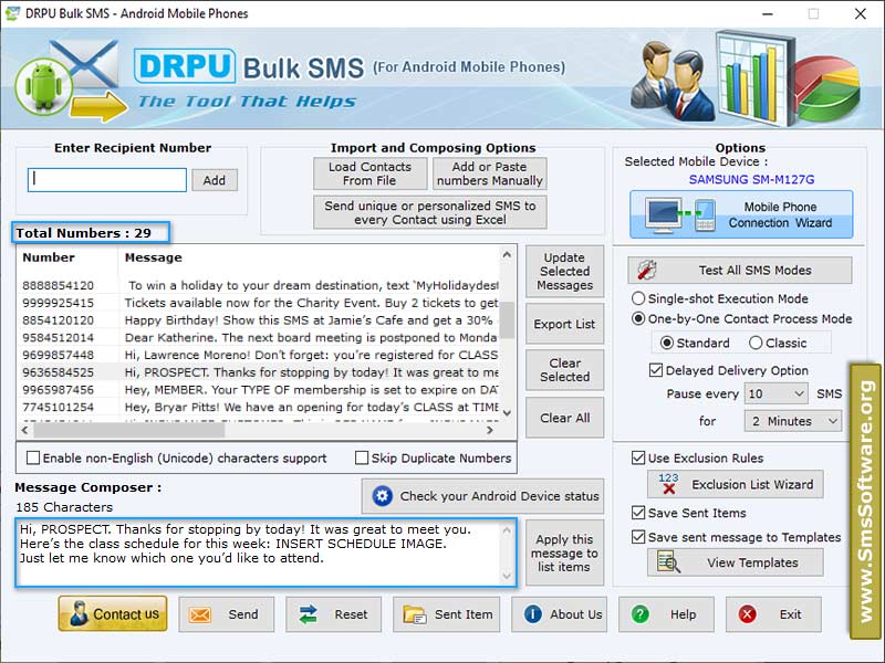 Android mass sms sending tool, forward text messages, deliver mass text messages, compose business sms, android message sending utility, mobile phone messaging program, compose bulk messages, android freeware sms tool