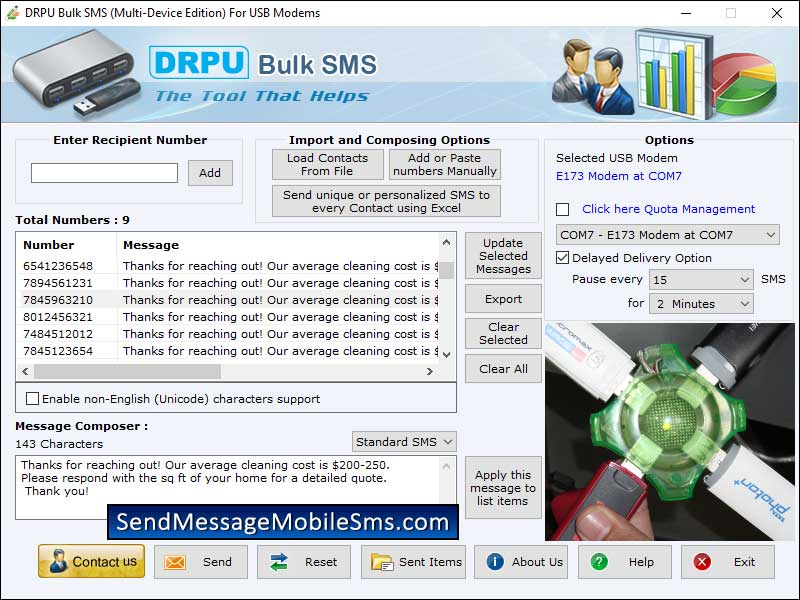 SMS broadcasting utility, bulk SMS sending application, text messaging program, send SMS from USB modem, advance mobile messaging utility, best group messaging software, transmit text message from PC, bulk text messaging program
