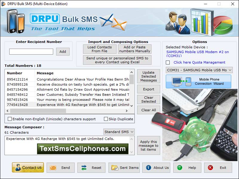 Bulk message broadcasting program, send unlimited text messages, free sms broadcasting utility, transmit free messages,  sms broadcasting utility, send bulk sms, GSM sms sending software, group sms sending tool