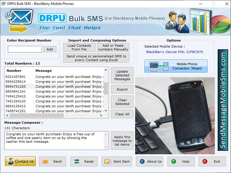 BlackBerry SMS messaging program, dispatches unlimited job alerts, BlackBerry message broadcasting utility, BlackBerry alerts transferring software, BlackBerry text sender application, SMS broadcasting utility, transmit bulk reminders