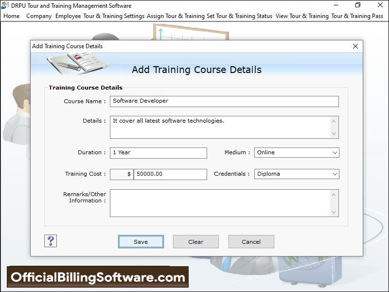 Program, records, training, details, maintain, company, business, information,  records, track, tour, date, time, period,  create, trip, passes, assign, staff, scheduling, tool, manage, expanses, name, id, designation, department