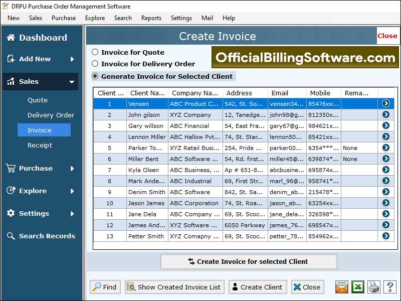 Purchase order management tool, record customer details, inventory management tool, maintain company stock report, sale order management utility, track business transaction sales, manage  purchase order delivery