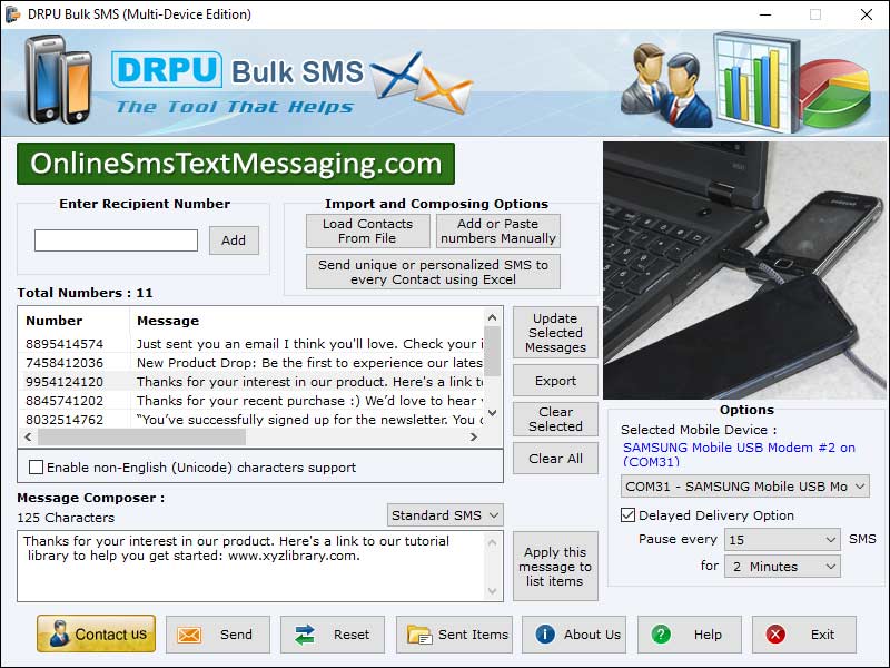 Text messaging software for multi phones, deliver seasonal greetings in bulk, broadcast promotional news alerts, GSM mobile text transferring tool, SMS software for GSM mobile, standard messages sender utility, sends security alerts