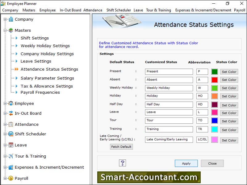 Business, company, employee, staff, planer, scheduler, program, tool, track, monitors, records, entire, staff, activities, leaves, administrator, information, salary, increment, expense, shift, payroll, in/ out, time, attendance, details