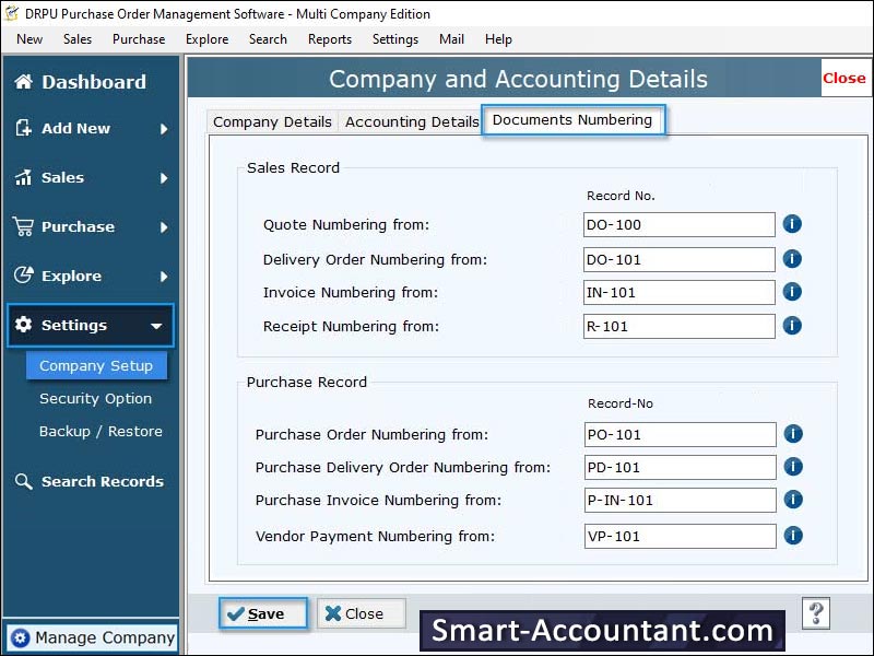 Maintain multiple company records, manage sale order records, maintain purchase order report, manage customer vendor balance reports, maintain financial account reports, manage inventory stock details, purchase order management tool
